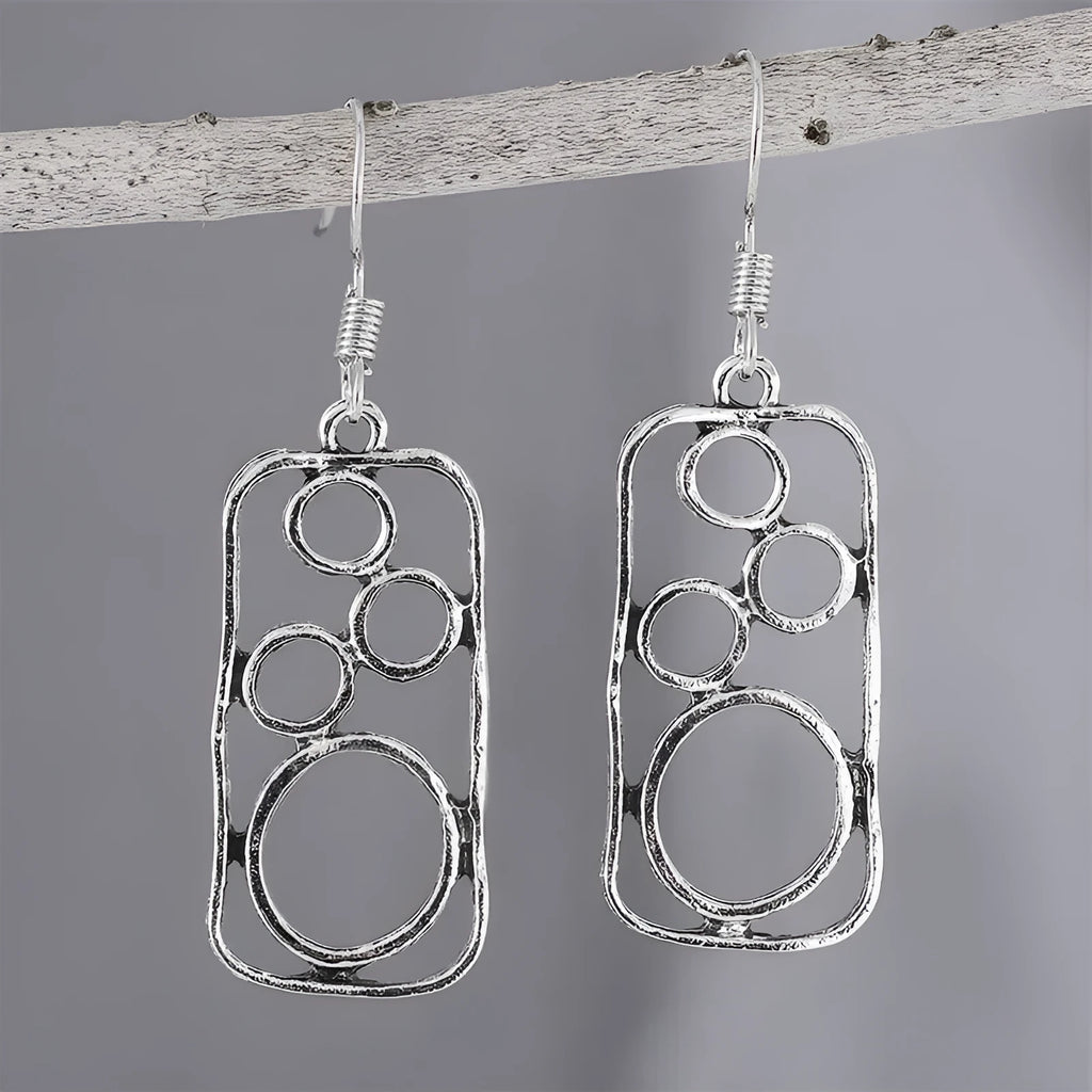 Round ring geometric earrings with irregular square design in antique silver finish