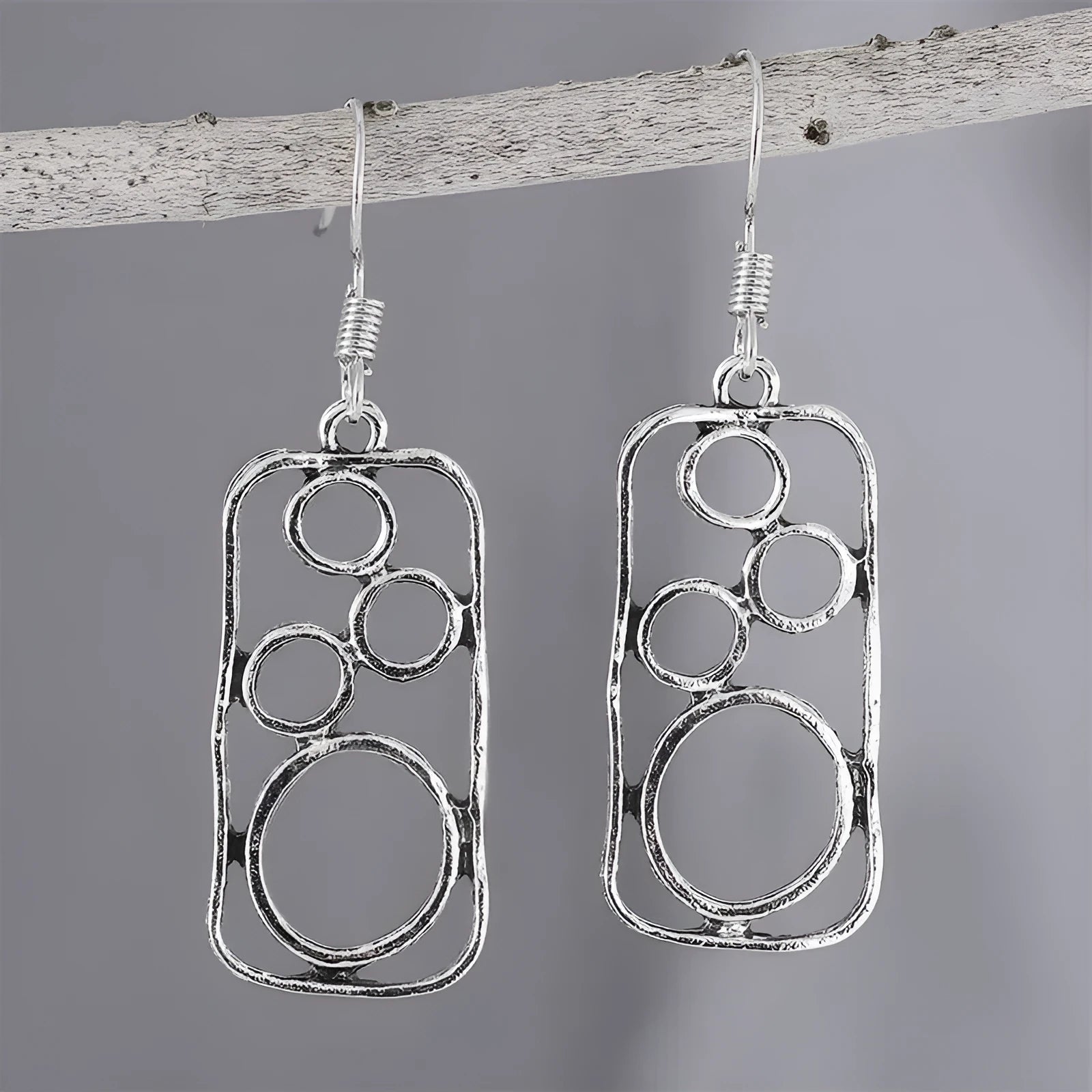 Round ring geometric earrings with irregular square design in antique silver finish