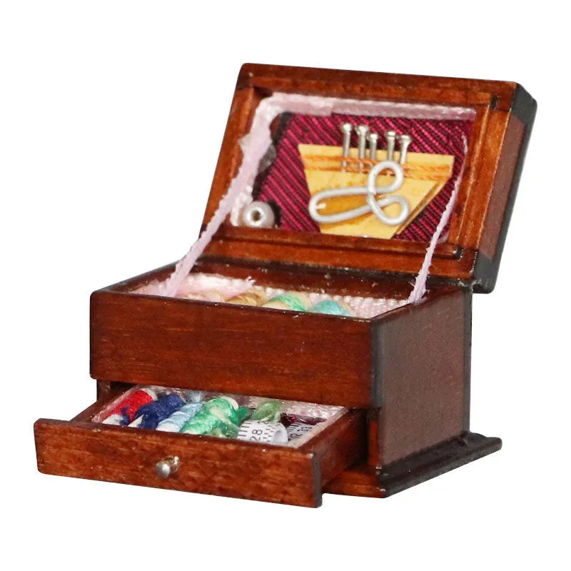 Miniature vintage wooden sewing box ornament with European style design measuring 2.2cm × 3.4cm × 2.3cm