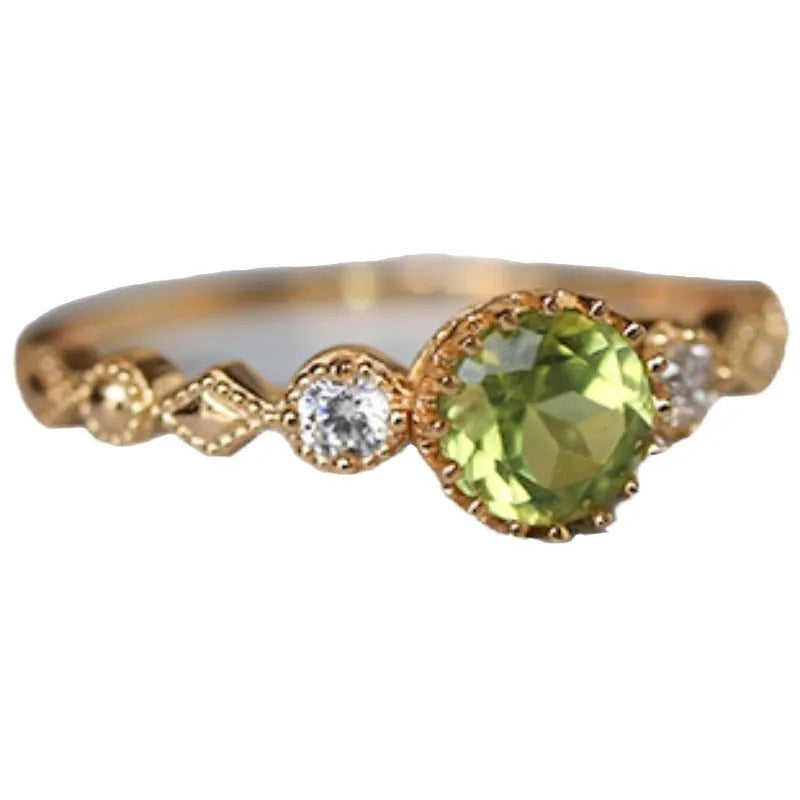 Copper geometric quadrilateral ring with imitation peridot, retro Japanese style, for women.