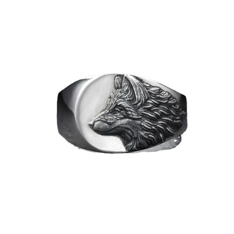 Silver geometric wolf head alloy men's ring with angular retro design