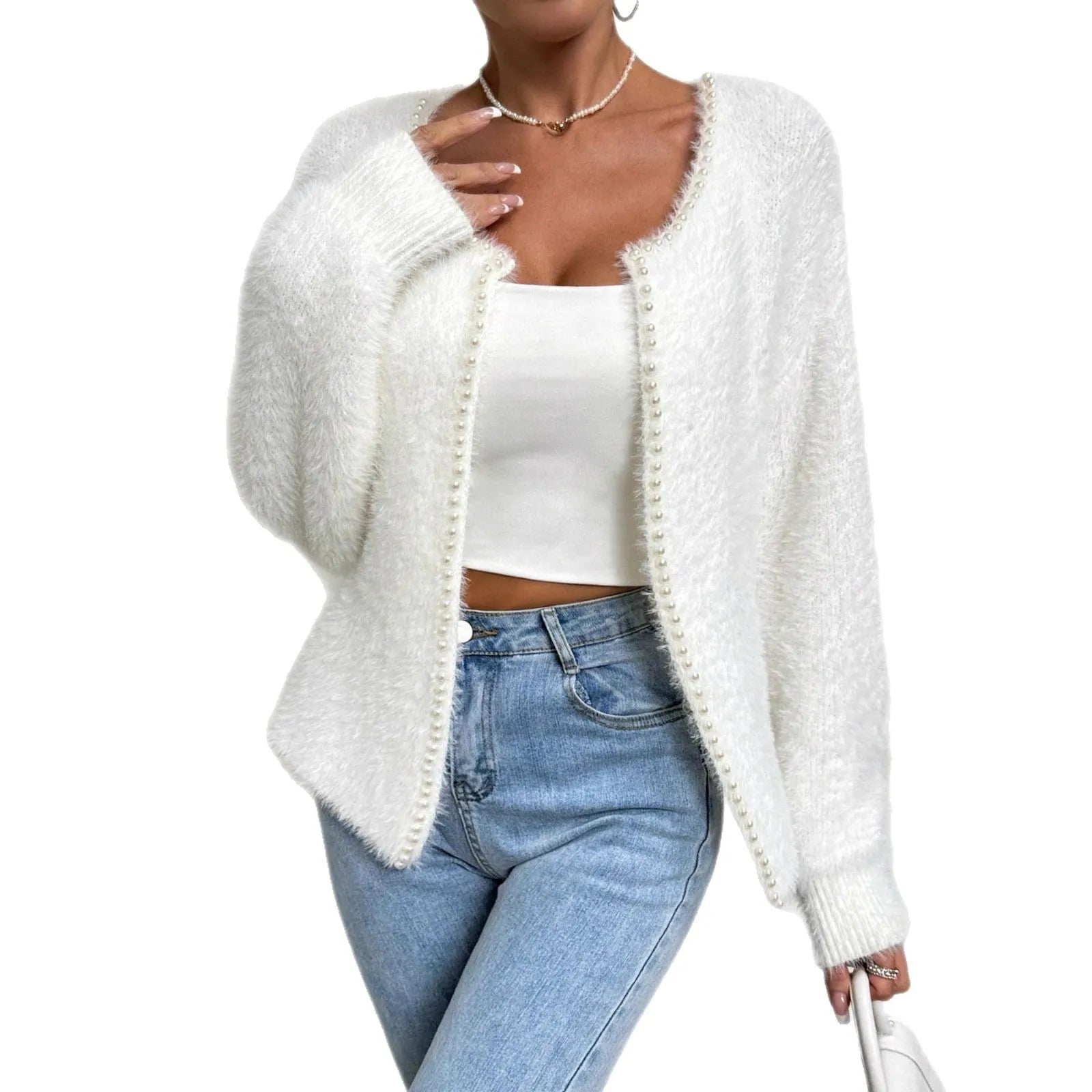 White women's V-neck cardigan with medium thickness polyester knit construction
