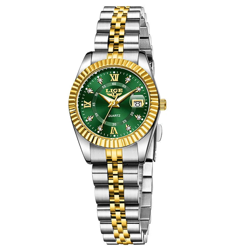 Women's waterproof quartz fashion watch with a 10mm thick case in a gold and black colour variant.