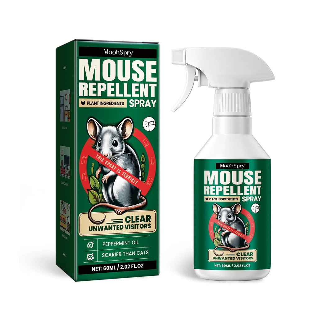 60ml bottle of natural rat repellent spray with essential oils of clove, peppermint, camphor, and chili.