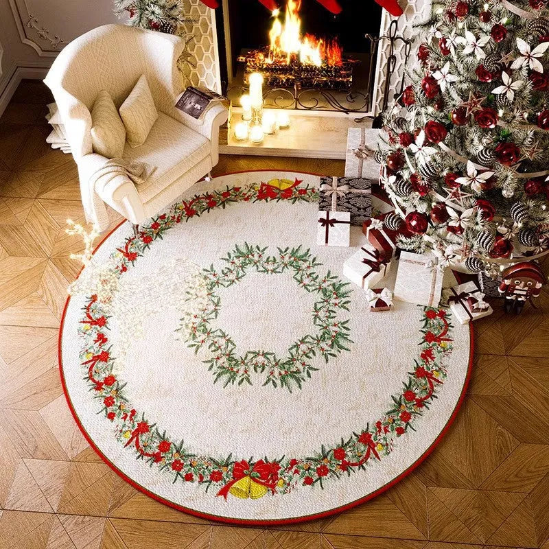 Round red Christmas carpet with festive pattern on wooden floor