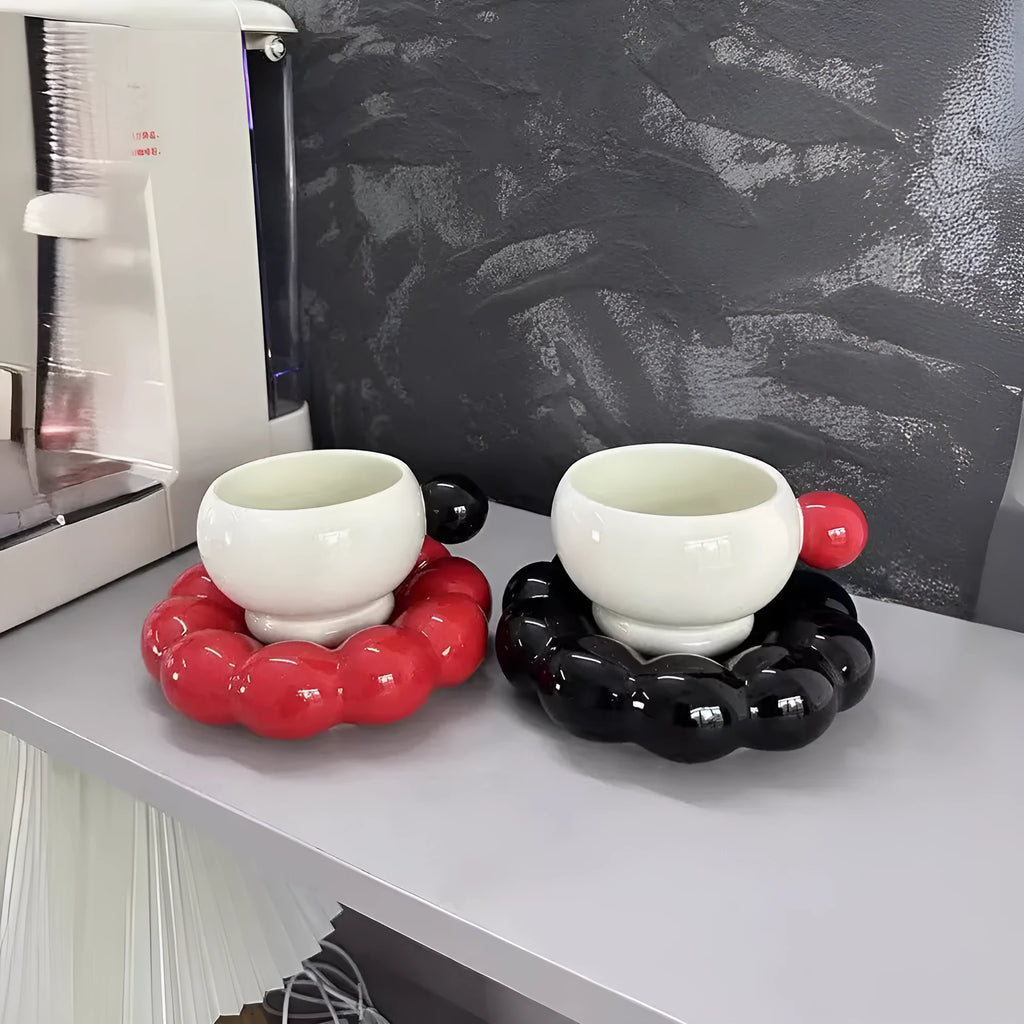Ceramic coffee set with 250ml cup and dish in solid colour options including bean green, coffee brown, and pink