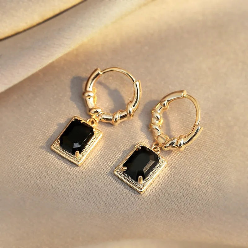Black geometric copper drop earrings with quadrilateral French court retro design