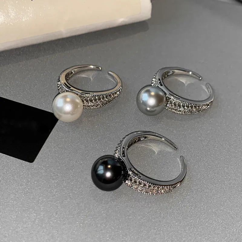 Black pearl adjustable open finger ring with geometric copper design for women