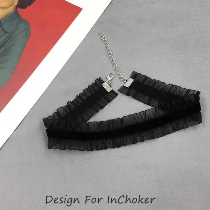 Alloy velvet ruffled necklace with flower pendant on a snake bones chain in black, light coffee, or white.