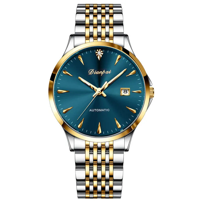 Men's simple dial automatic mechanical watch with stainless steel strap and case.