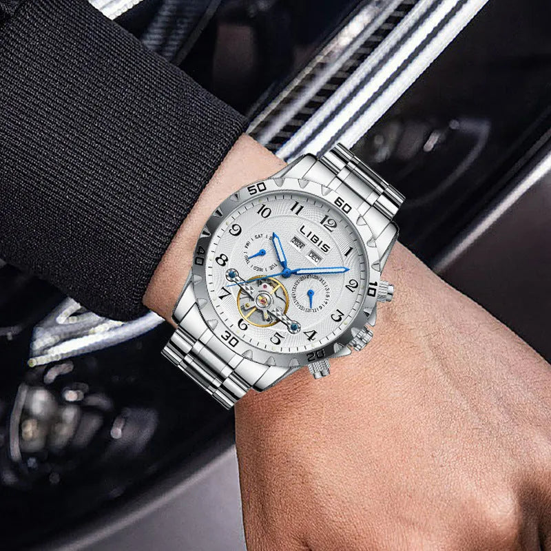 Silver automatic perpetual calendar mechanical watch with stainless steel strap and sapphire crystal glass