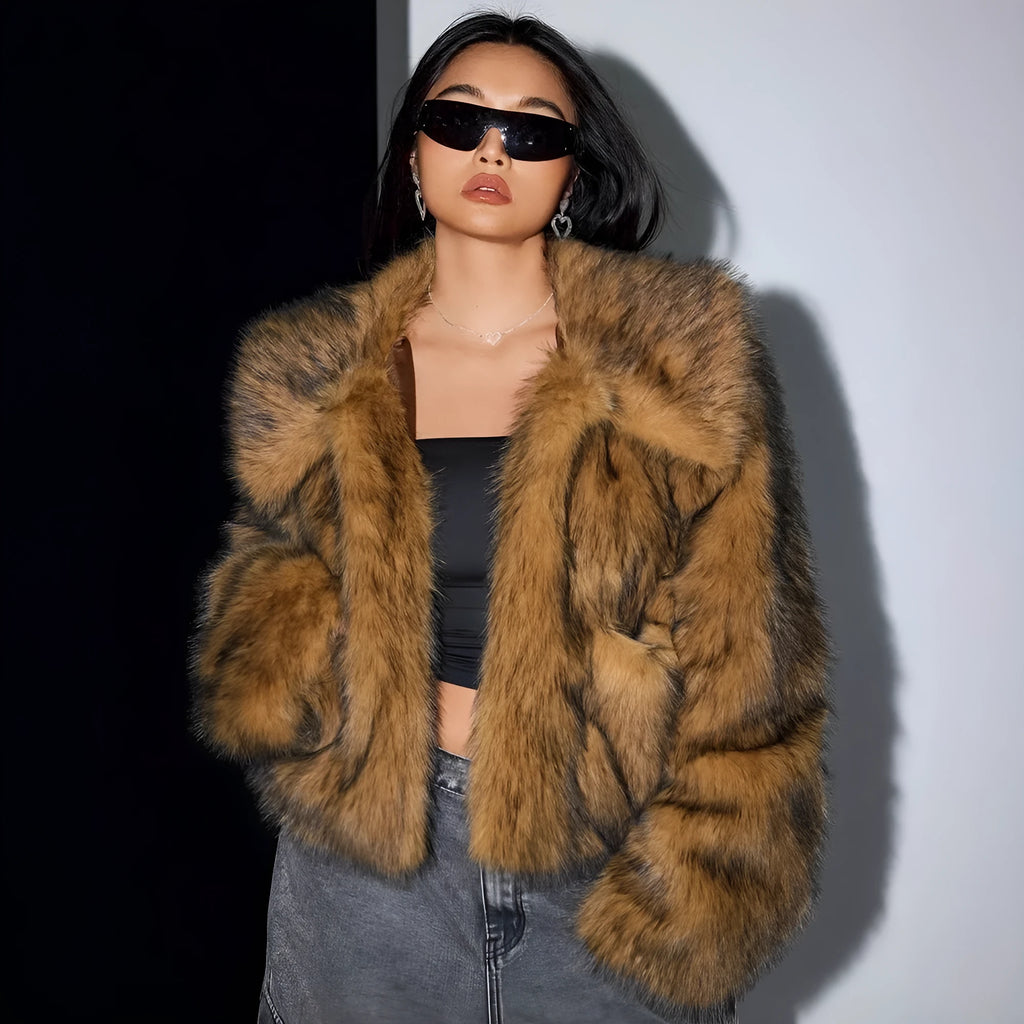 Artificial fox fur fashion coat with fur collar in short 40cm length and long sleeves