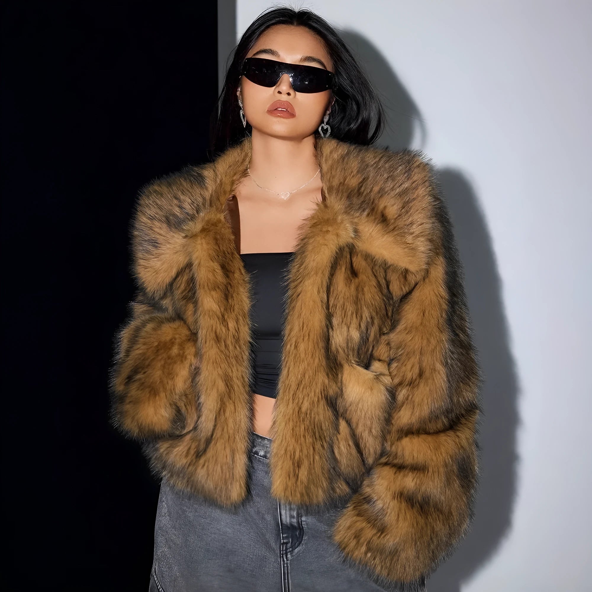 Artificial fox fur fashion coat with fur collar in short 40cm length and long sleeves