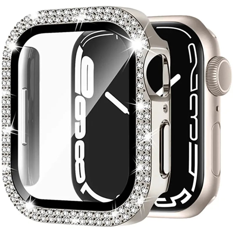 Apple Watch case with double diamond glass screen protector in rose pink colour on a 44mm watch.