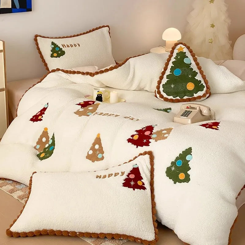Bright yellow fleece-lined four-piece bedding set with cartoon Christmas tree pattern and embroidery detail