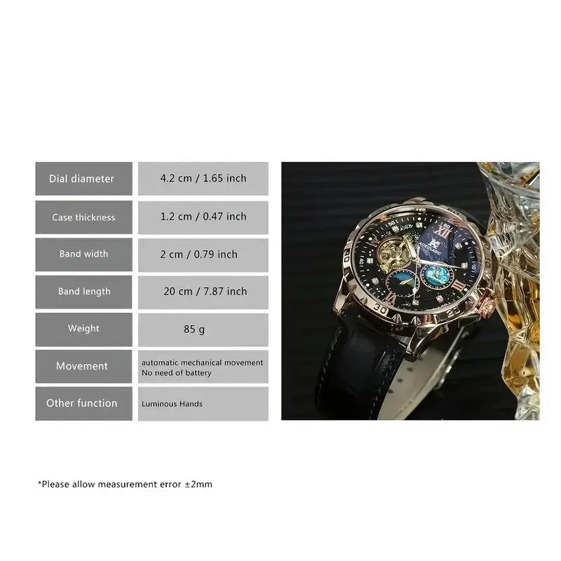 Men's black and rose gold automatic watch with hollow skeleton dial on a leather strap.