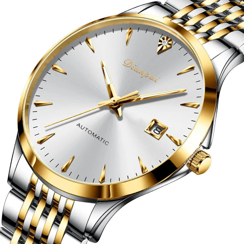 Men's simple dial automatic mechanical watch with stainless steel strap and case.