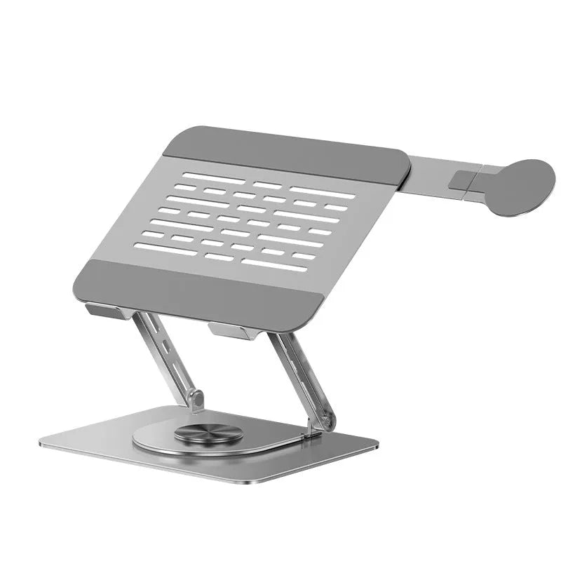 Silver carbon steel laptop stand with side-mounted magnetic phone holder rotated at angle