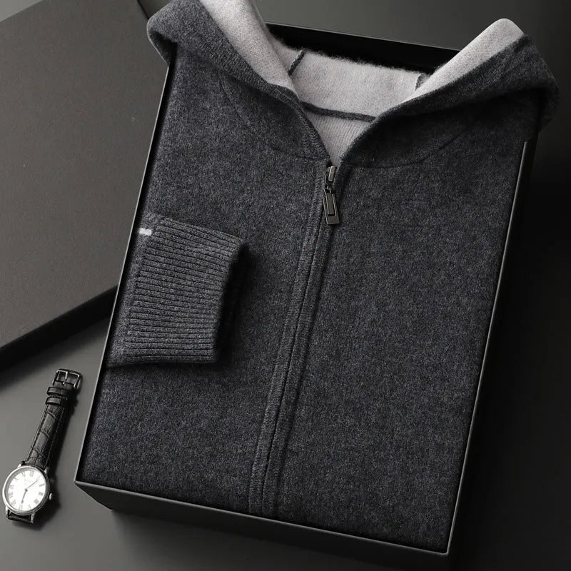 Men's dark blue cashmere cardigan with half-high collar and full-length zipper front