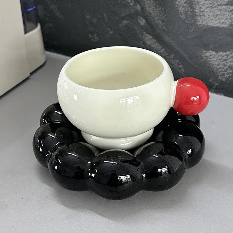 Ceramic coffee set with 250ml cup and dish in solid colour options including bean green, coffee brown, and pink