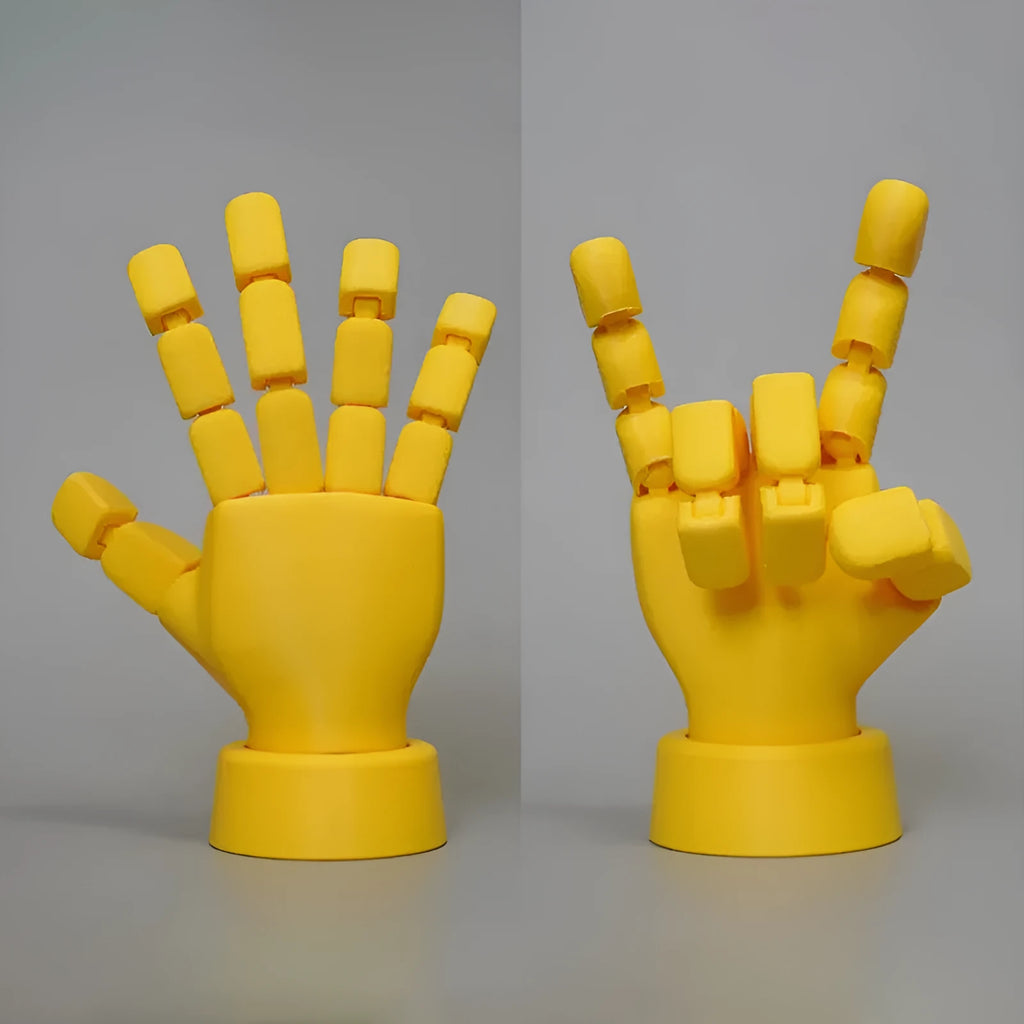 Yellow hand ornaments figurine with movable joints measuring 5 by 5.38 by 7.5 centimetres