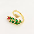 Gold-plated copper geometric open ring with zircon leaf design for women