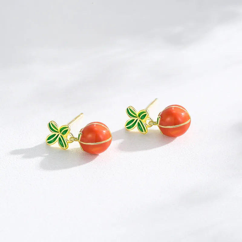 925 sterling silver persimmon red drop stud earrings for women New Chinese style