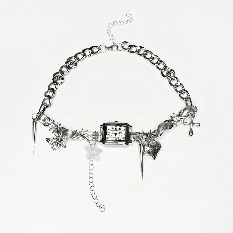 Dark style multi-layer cross necklace with twin clavicle chains and hemp flowers texture