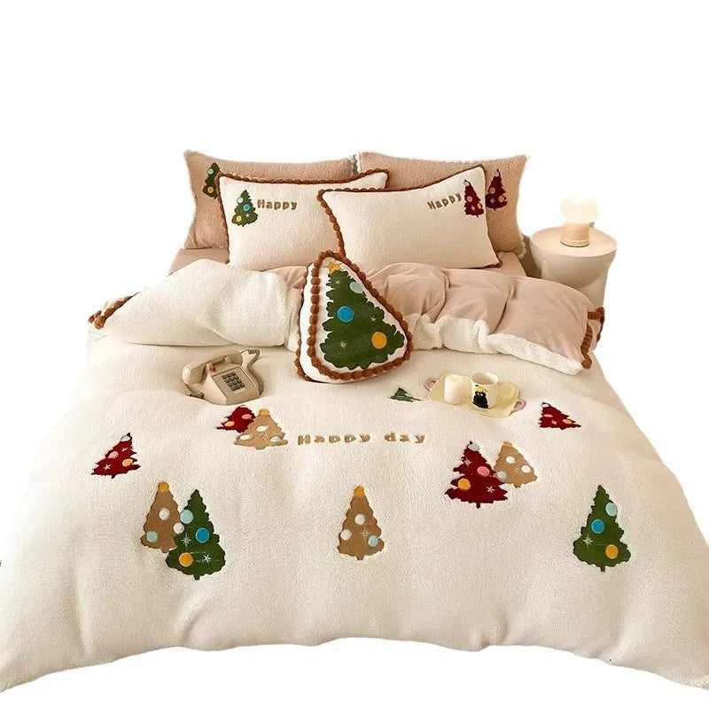 Bright yellow fleece-lined four-piece bedding set with cartoon Christmas tree pattern and embroidery detail