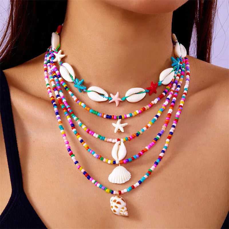 Women's multi-layer starfish shell bead necklace set with adjustable chain