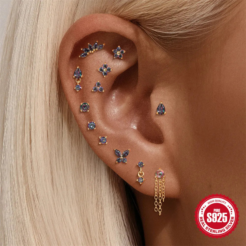 S925 sterling silver piercing earrings with super shiny rainbow stone and flat head thread in gold colour
