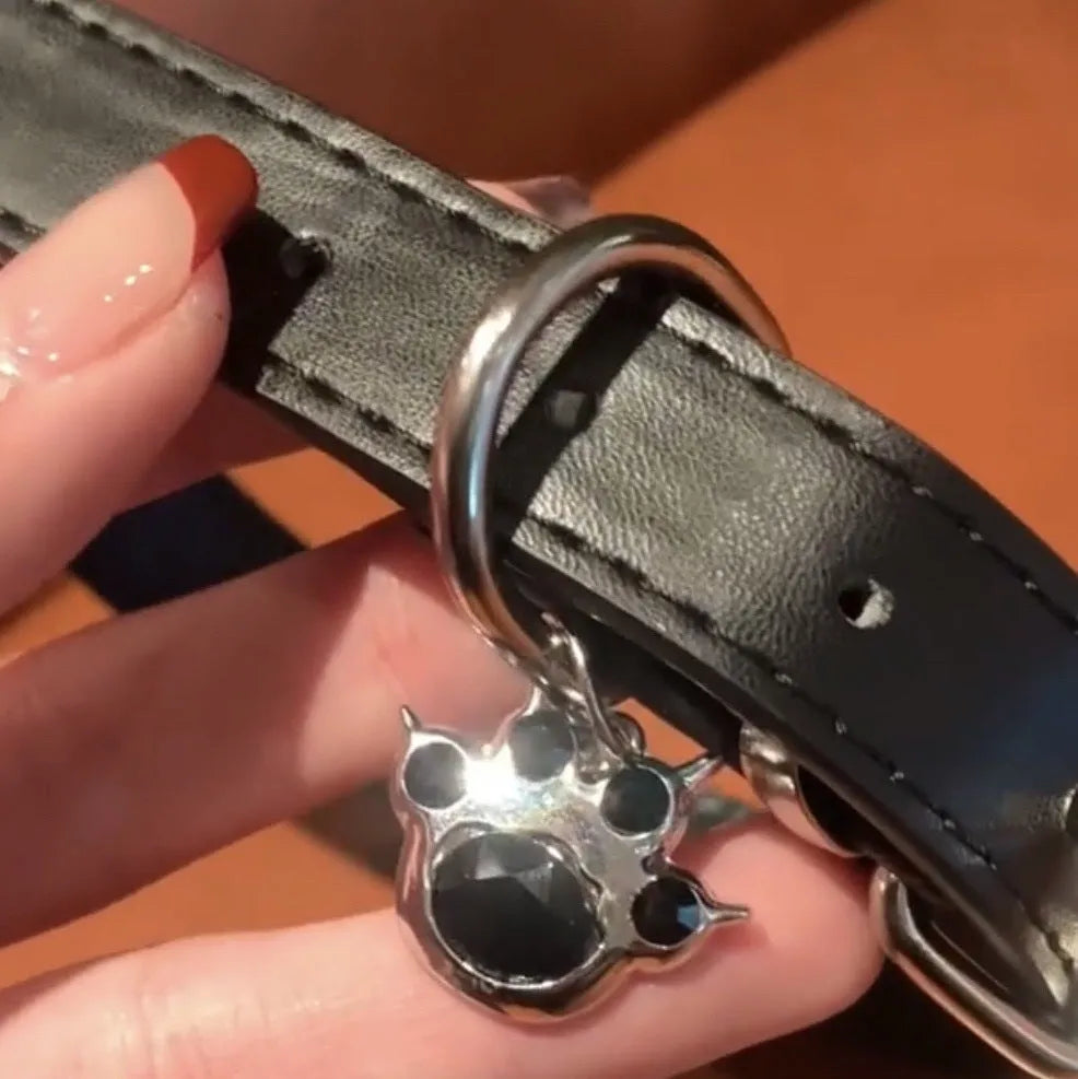 Black leather adjustable dog collar for small to medium dogs with 21-50cm perimeter