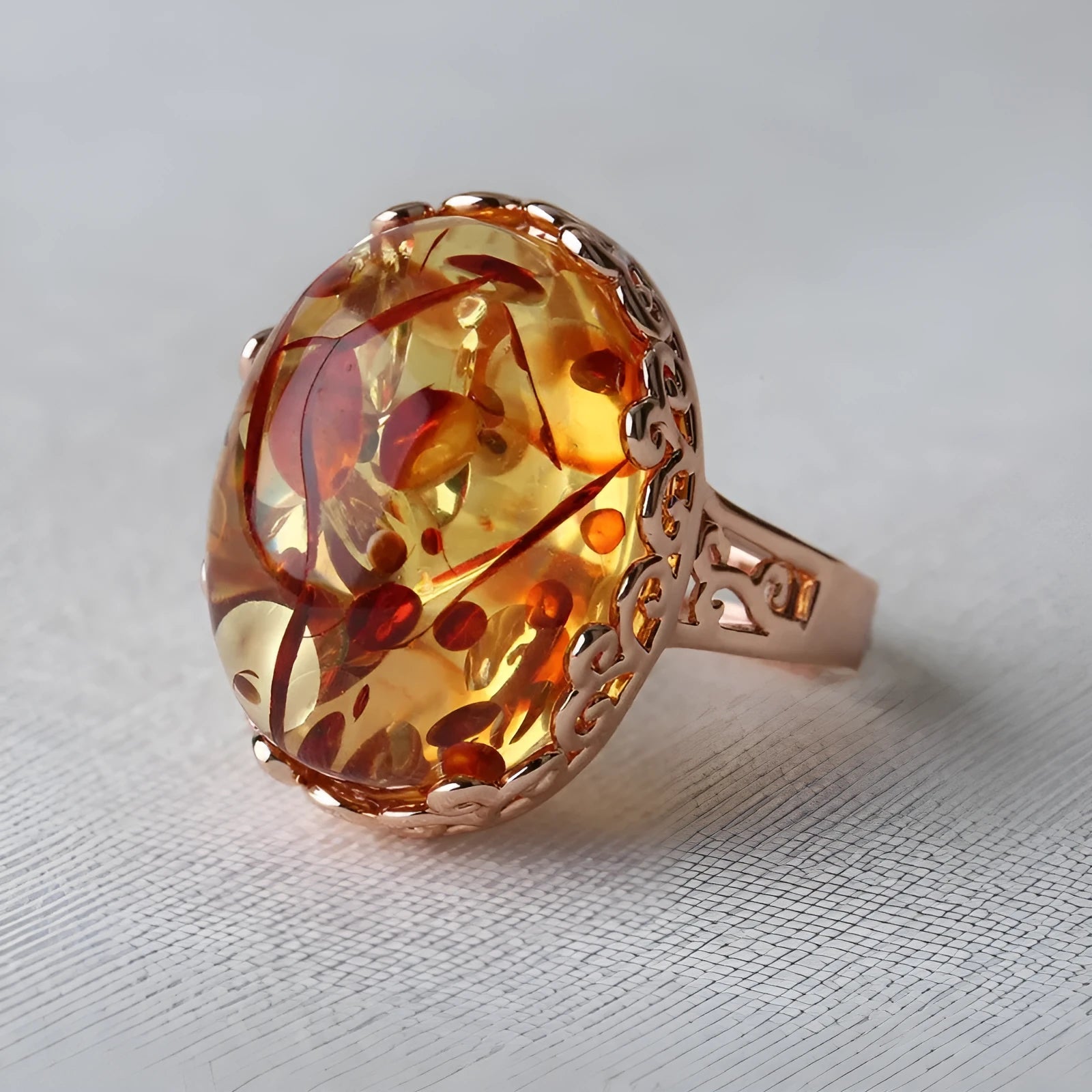 Natural beeswax amber ring with ethnic retro styling on alloy base, unisex jewellery