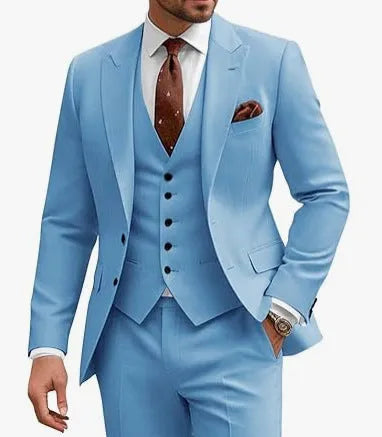 Men's slim fit three-piece suit in a bright red colour, featuring a jacket, waistcoat, and trousers.
