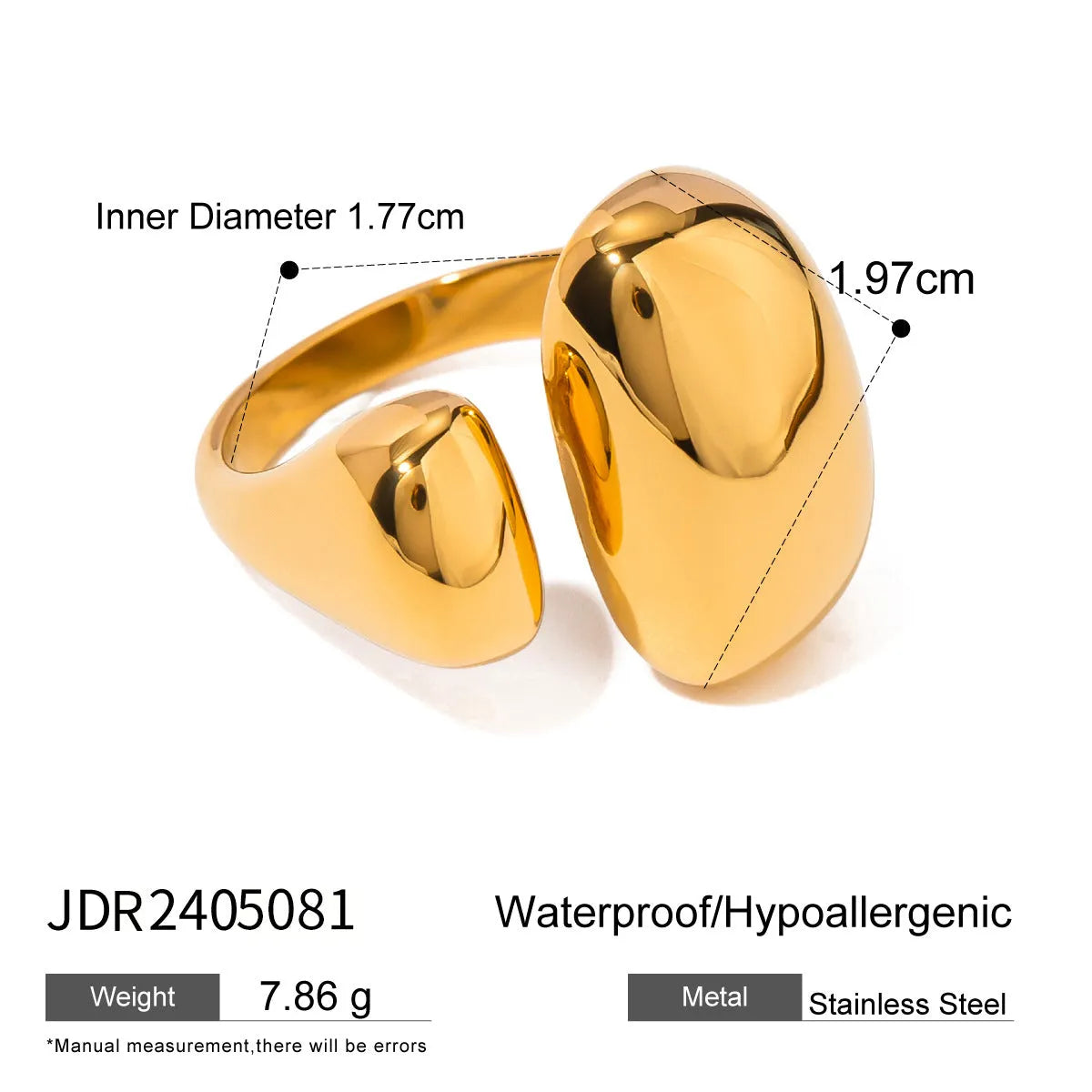 Geometric open stainless steel ring for women with electroplated finish
