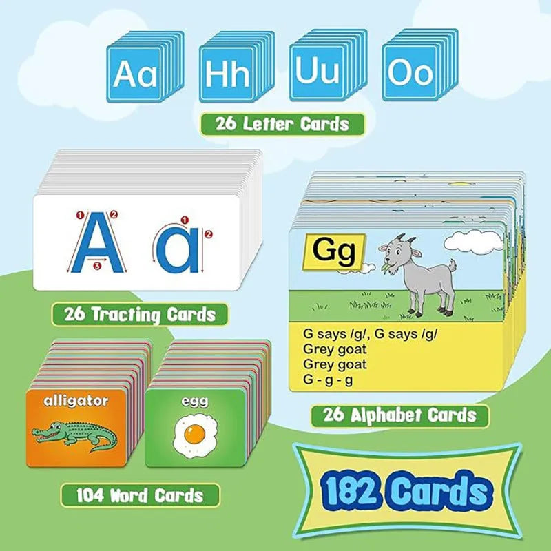 Alphabet learning sleeve chart with word cards, letter cards, and picture cards laid out for play.
