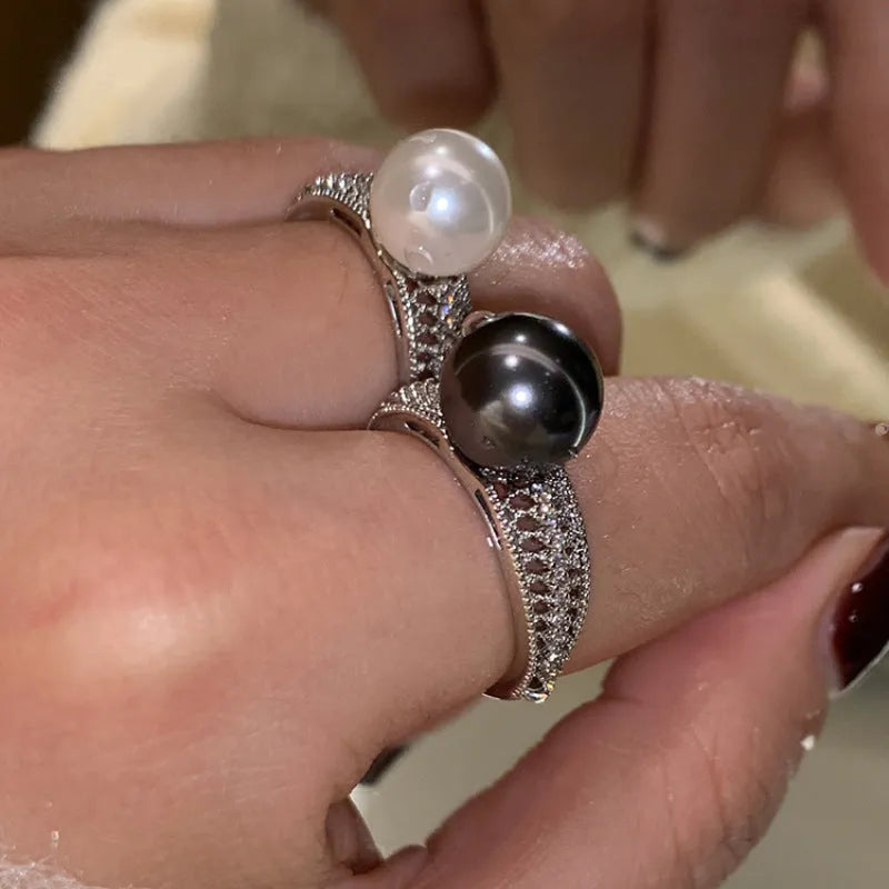 Black pearl adjustable open finger ring with geometric copper design for women