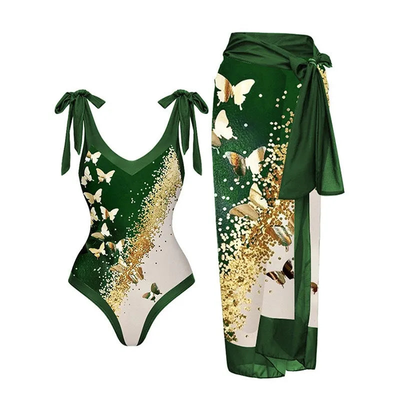 Women's solid colour one-piece swimsuit with spaghetti straps and matching skirt set