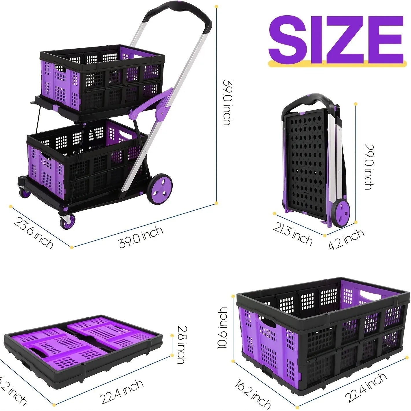 Foldable shopping cart with double-layer basket in selected colour option