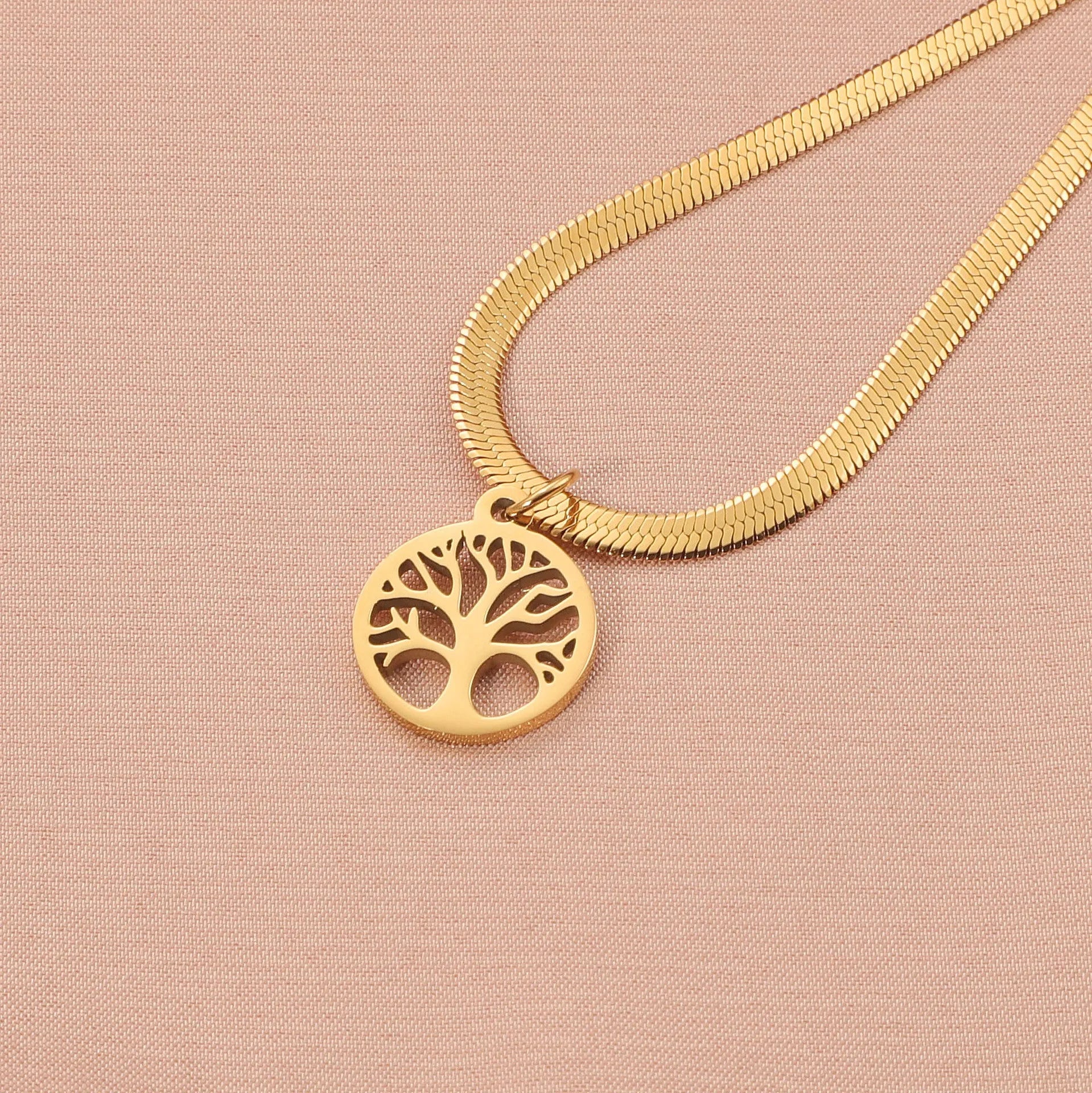Stainless steel lucky tree necklace with U-shaped pendant on an adjustable snake bone chain.