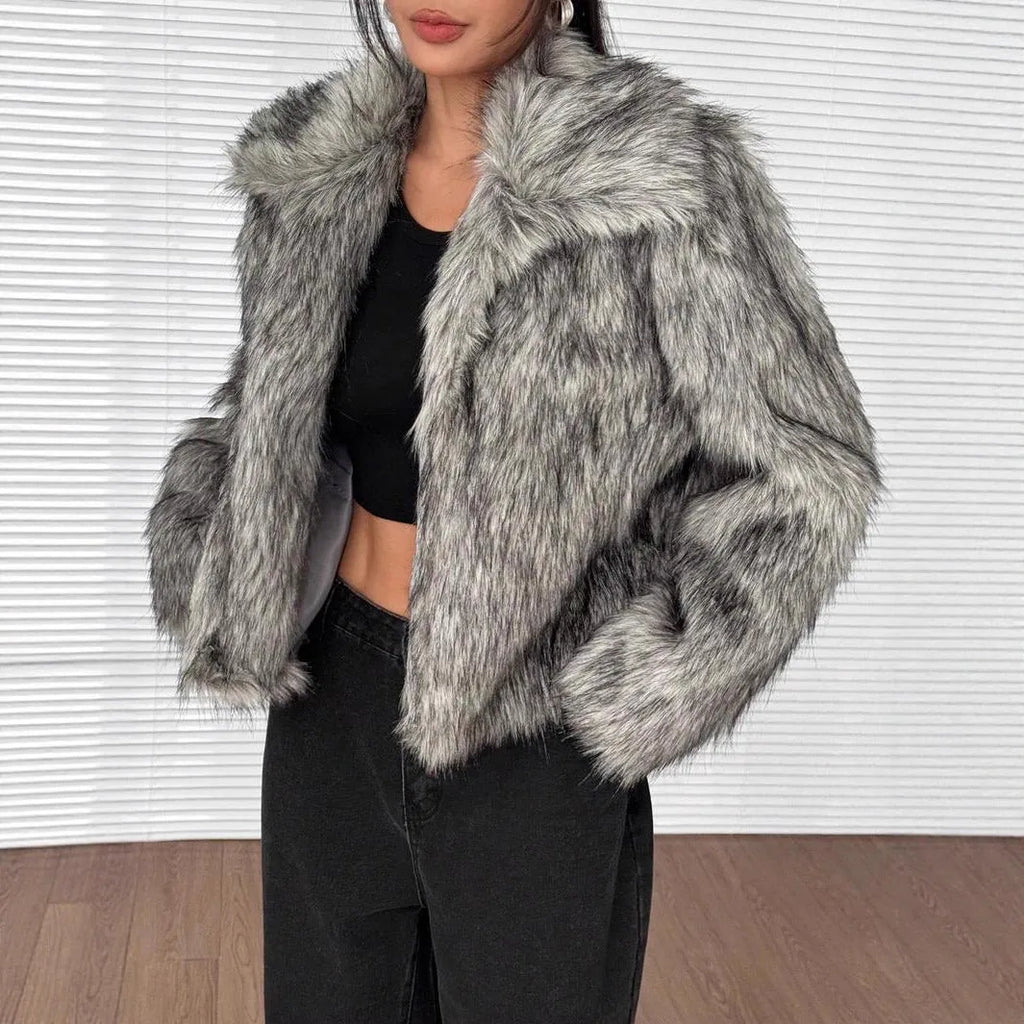 Artificial fox fur fashion coat with fur collar in short 40cm length and long sleeves