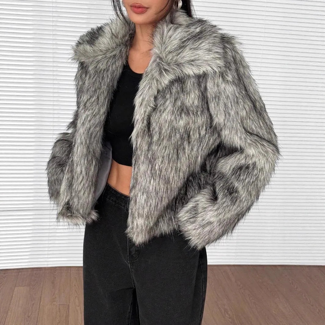 Artificial fox fur fashion coat with fur collar in short 40cm length and long sleeves