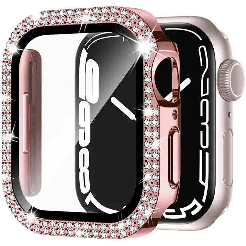 Apple Watch case with double diamond glass screen protector in rose pink colour on a 44mm watch.