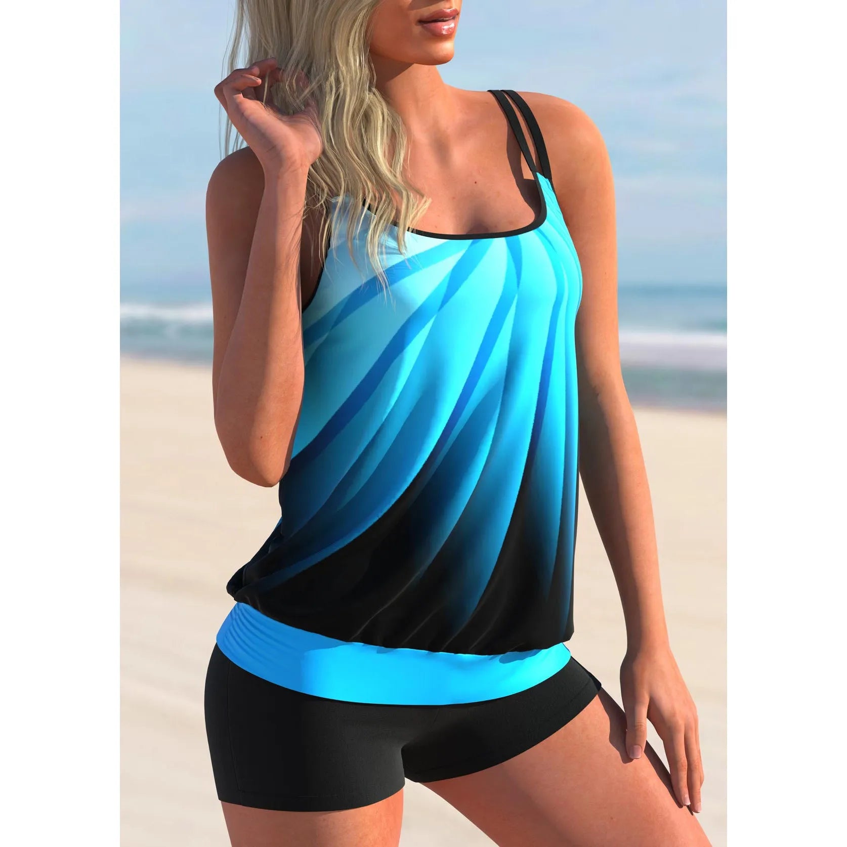 Women's plus size butterfly print halter neck swimsuit top with matching beach shorts.