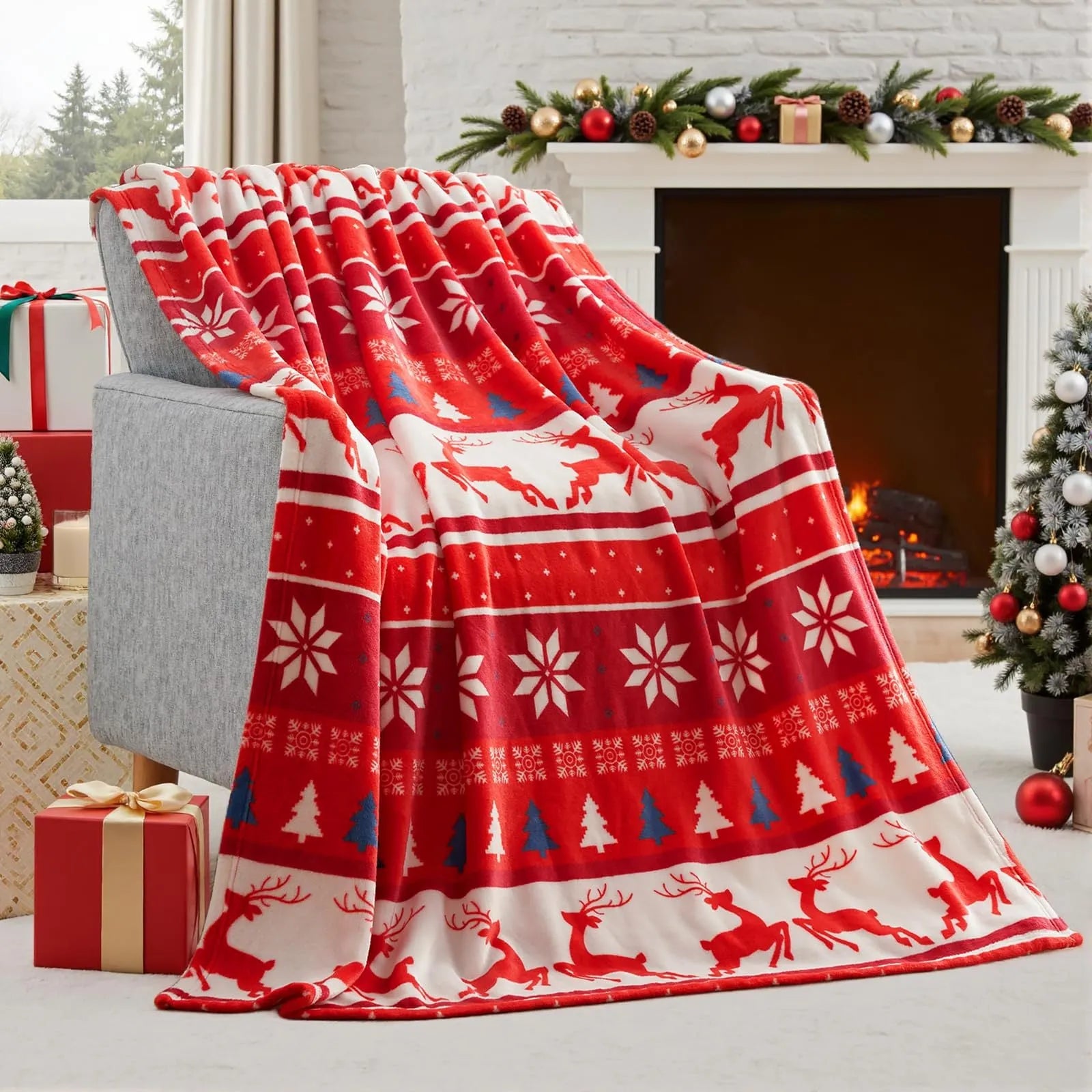 Soft plush Christmas blanket in polyester fibre showing colour options and size dimensions.