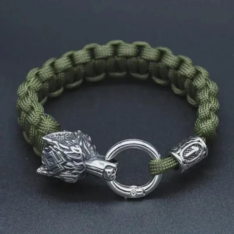 Handmade titanium steel wolf head bracelet in camouflage colour showing polished finish and detailed animal design.