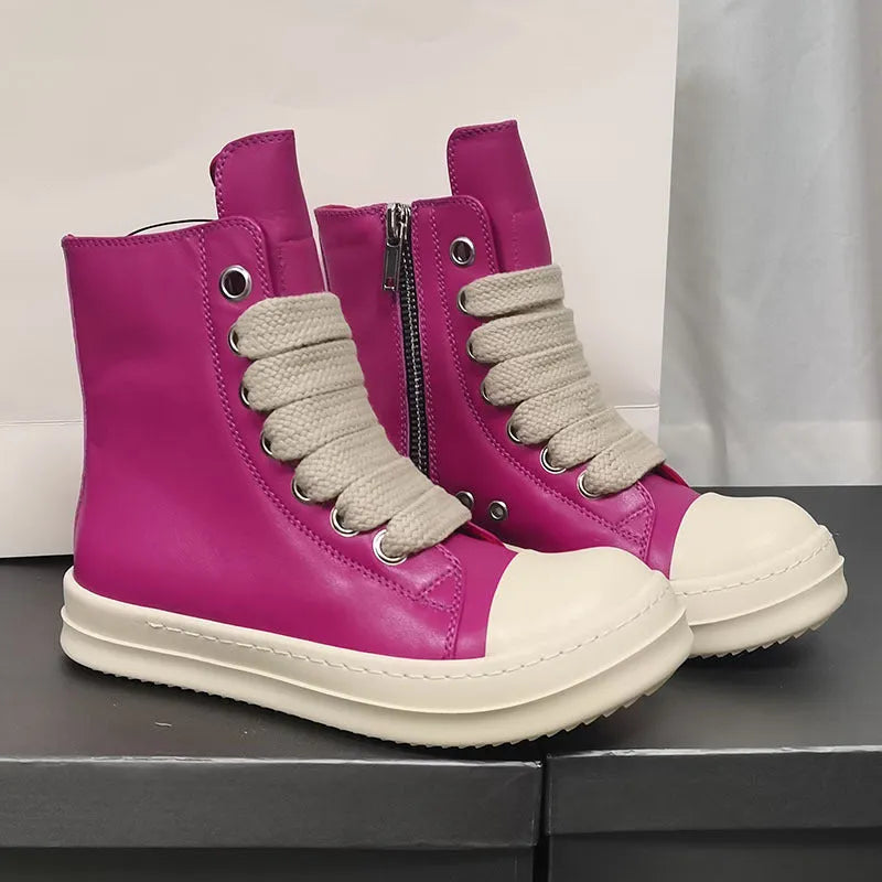 Black genuine leather high-top sneakers with side zipper and round toe on a rubber platform sole.