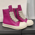 Black genuine leather high-top sneakers with side zipper and round toe on a rubber platform sole.