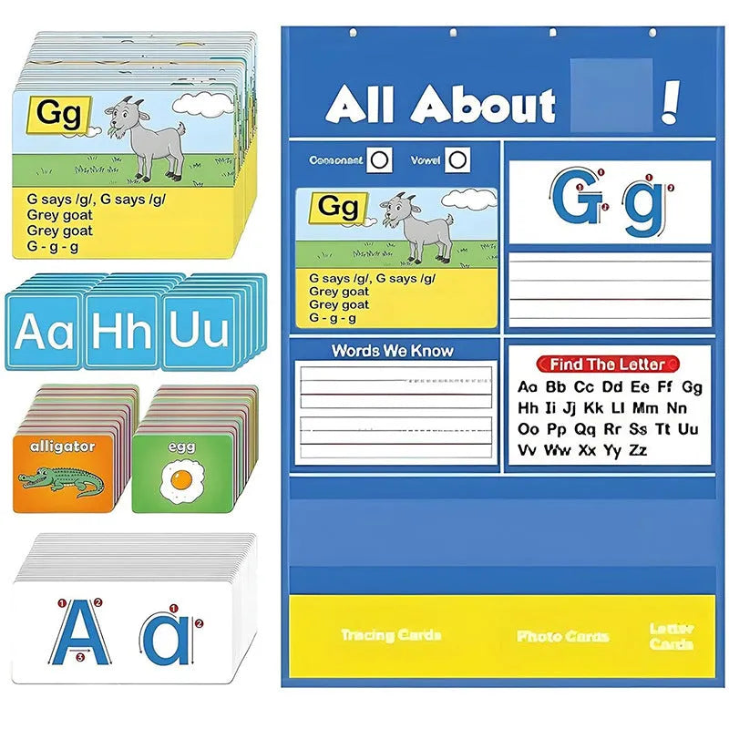 Alphabet learning sleeve chart with word cards, letter cards, and picture cards laid out for play.