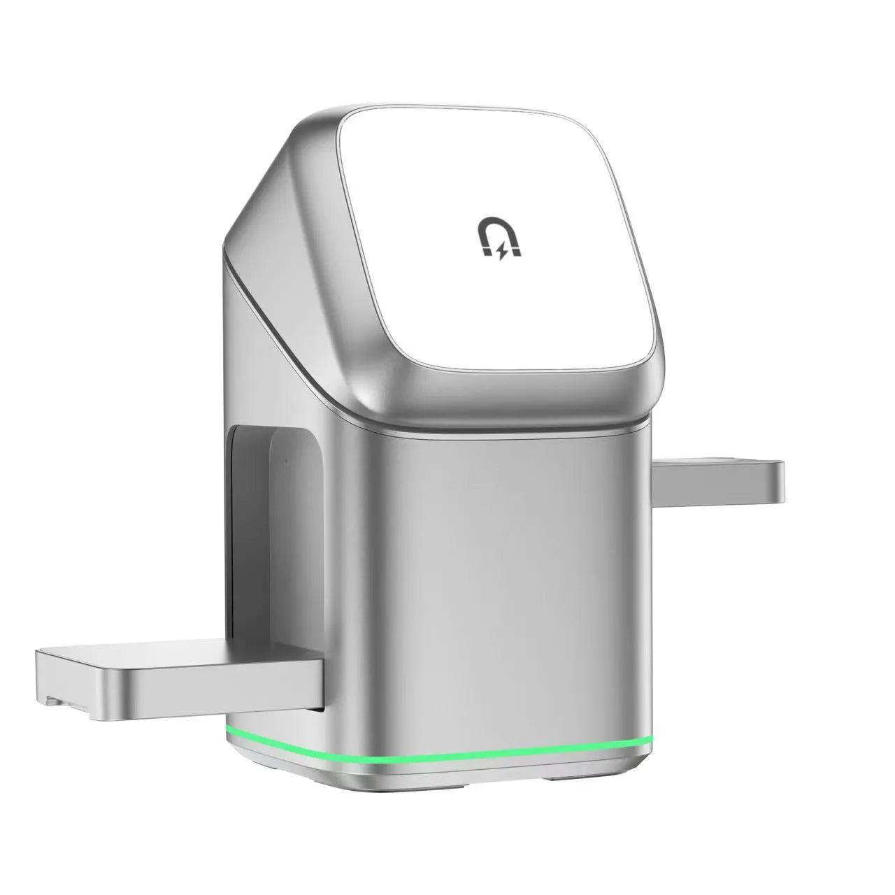 Black mobile phone magnetic wireless charging stand showing 180-degree rotation adjustment